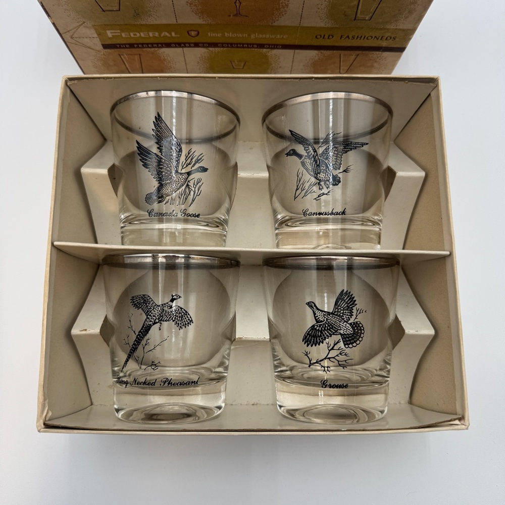 Vintage Federal Glass - Sportsman Old Fashioned Set - Platinum Trim